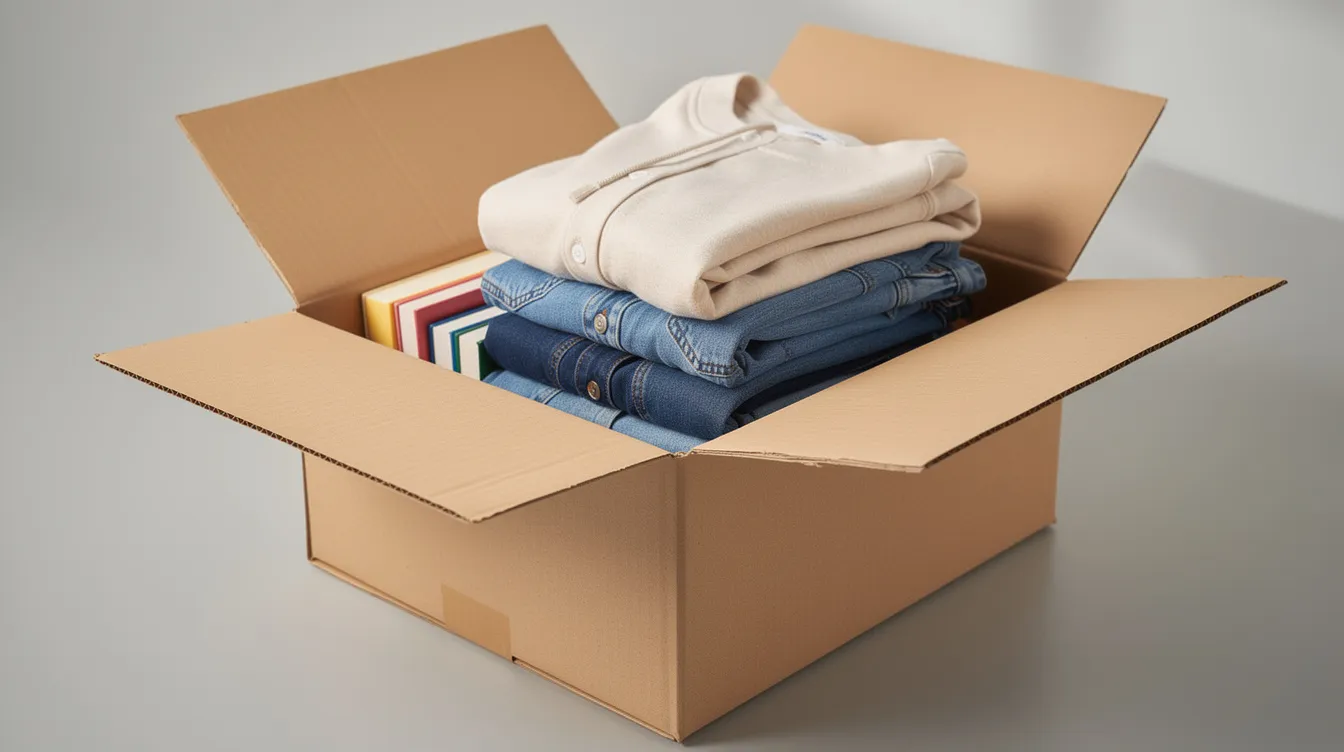 An open cardboard box is filled with neatly folded clothes and a few books, all prepared for selling online through various money making apps. This setup suggests an opportunity to earn extra cash by decluttering and utilizing apps that facilitate online shopping and selling.