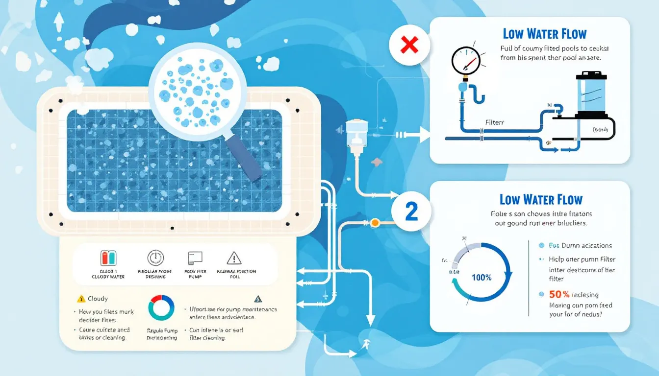 Common filtration issues in swimming pools, such as cloudy water and low water flow.