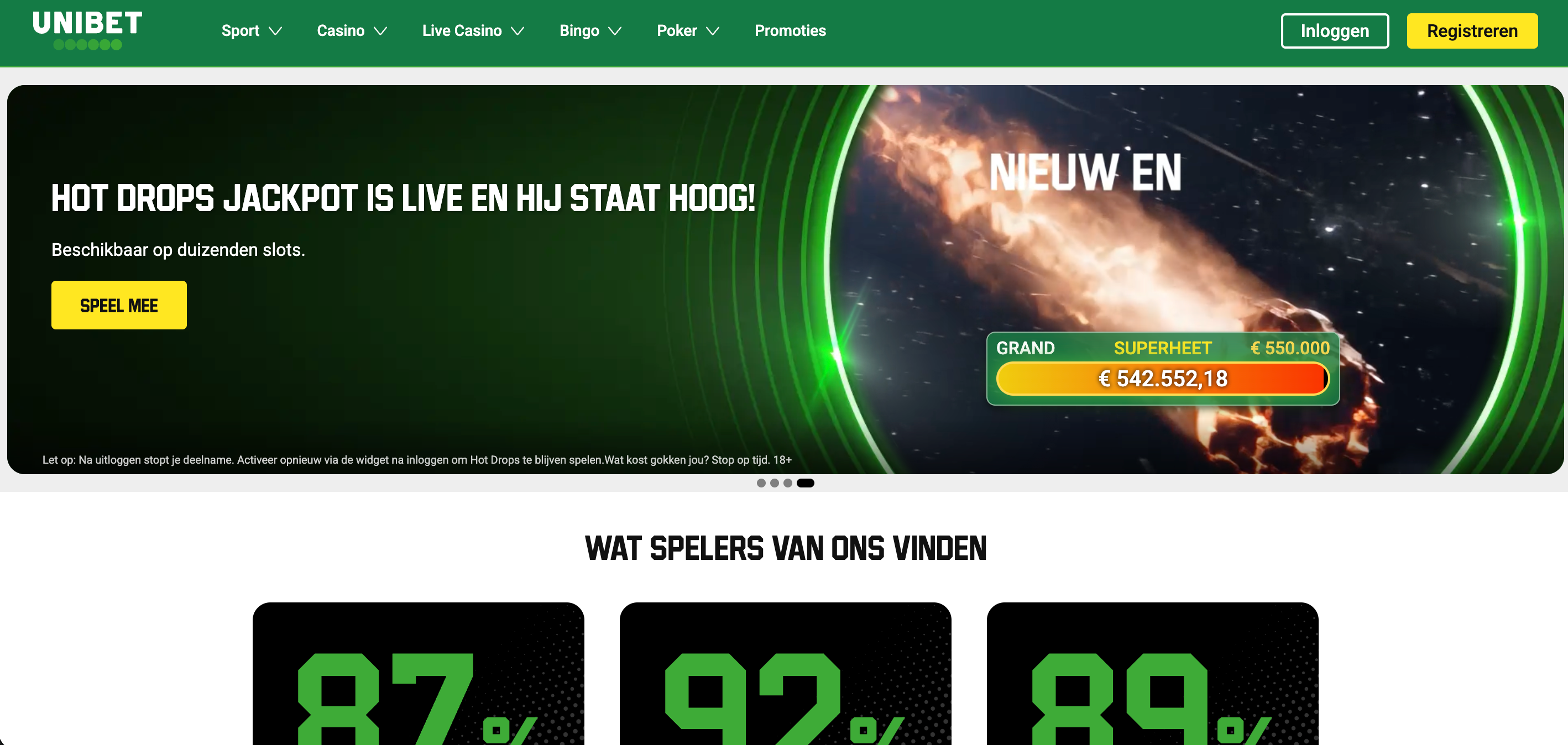 Homepage van Unibet, een van de legale Nederlandse goksites, met online casino spellen, jackpots en opties voor online gokken in Nederland via een platform met vergunning van de Kansspelautoriteit.