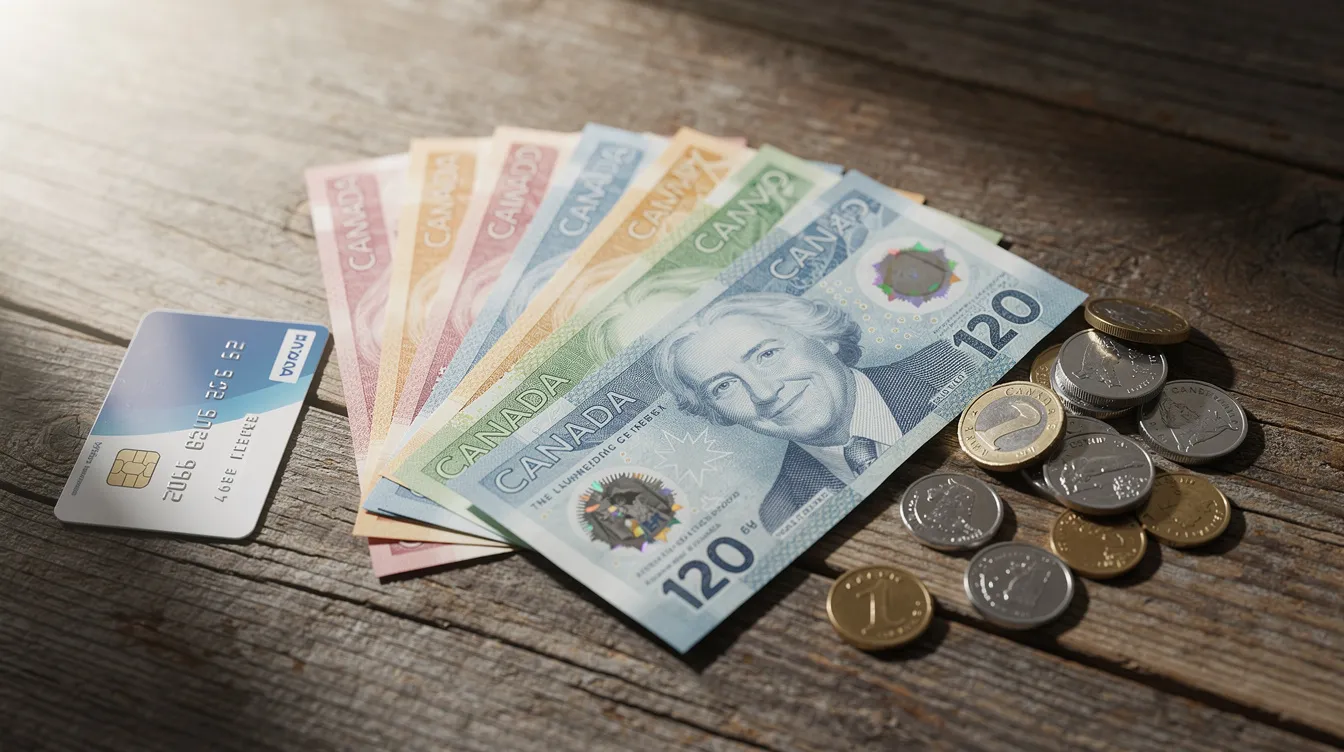 The image displays Canadian dollar bills and coins arranged next to a bank card on a wooden table, representing everyday banking essentials for those looking to open a bank account in Canada. This setup highlights the importance of cash and debit cards for managing a local bank account, whether for saving or making payments.