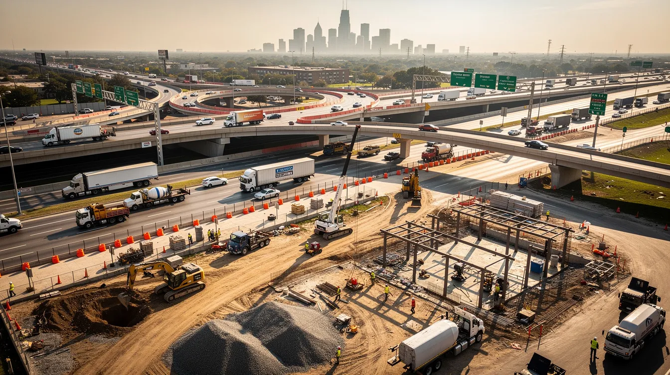 The image shows a busy freeway intersection in Houston, bustling with heavy construction activity and various commercial vehicles, including dump trucks. This scene highlights the potential for truck accidents, emphasizing the importance of legal representation from Houston truck accident attorneys in case of incidents involving commercial vehicles.
