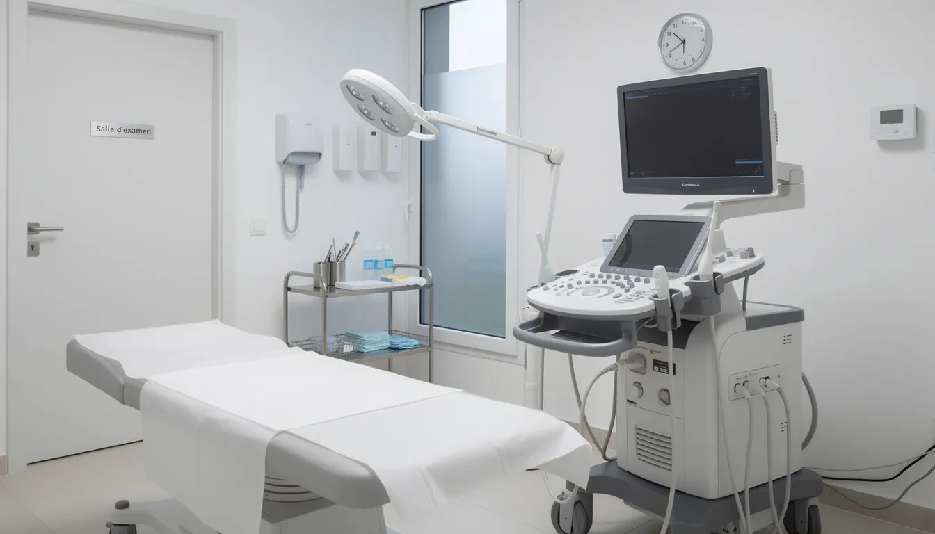 L'image montre une salle d'examen médical moderne, équipée d'une machine à échographie, où un gynécologue pourrait évaluer la santé de l'utérus et détecter des polypes endométriaux. L'environnement est propre et bien éclairé, propice à des consultations sur des pathologies comme les polypes utérins et leurs symptômes.