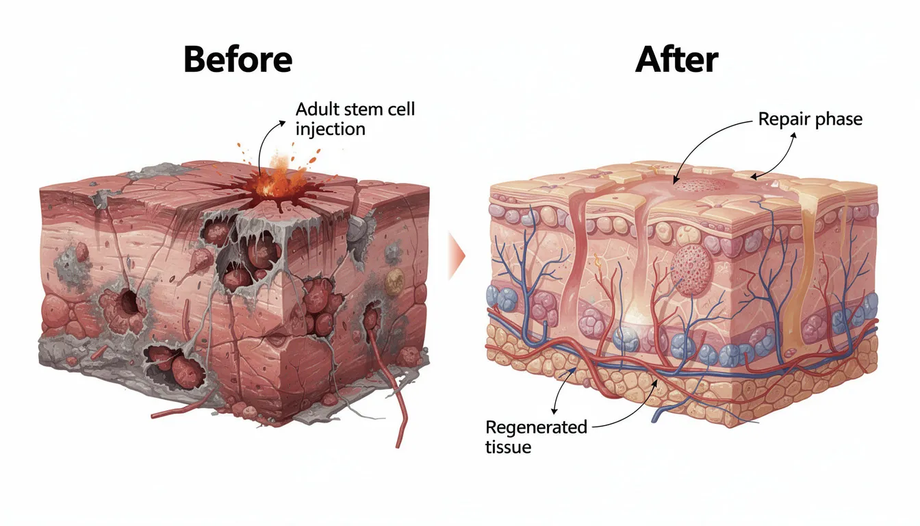 The image shows a before and after comparison of tissue regeneration achieved through adult stem cell therapy, highlighting the significant healing and restoration of damaged tissues. The transformation emphasizes the therapeutic potential of adult stem cells in regenerative medicine.