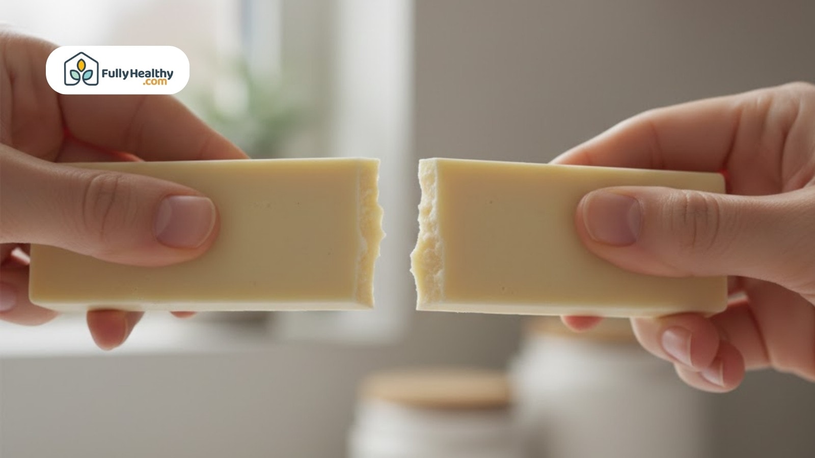 Two hands breaking a bar of creamy white chocolate in half