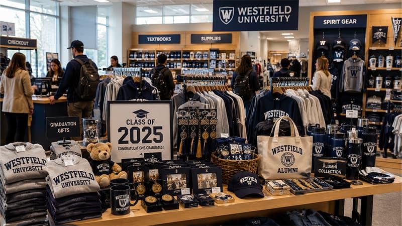 University campus store displaying graduation gifts, alumni apparel, mugs, caps, tote bags, keychains, and school souvenirs