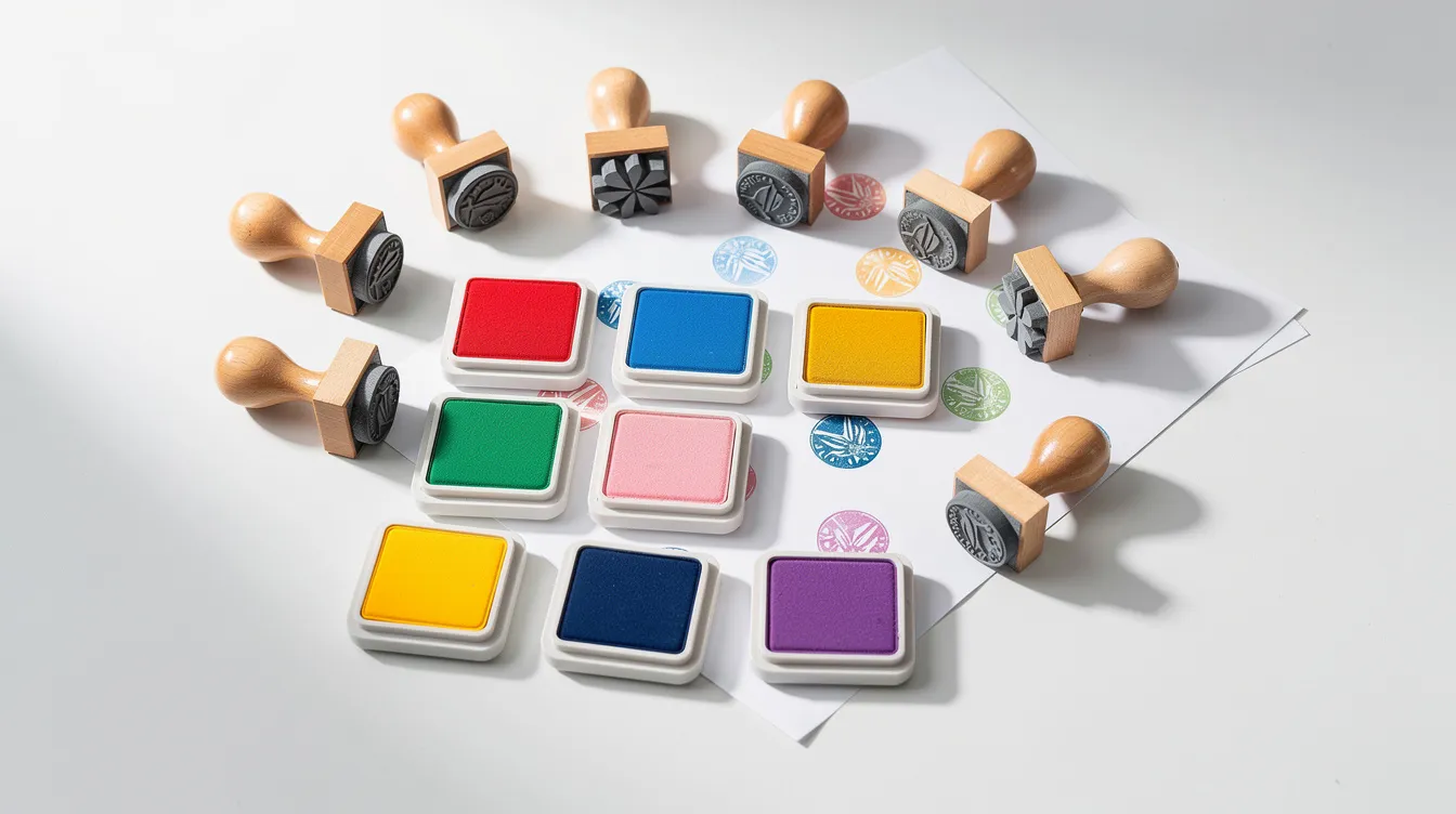 The image features a vibrant arrangement of colorful ink pads alongside wooden rubber stamps on a clean white desk, showcasing various designs and customization options for users to create their ideal artwork. This setup highlights the tools available for producing quality stamps, perfect for both everyday use and special projects.