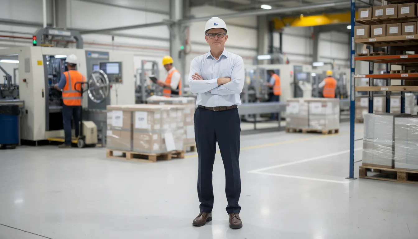 A confident business owner conducs a safety audit in a modern manufacturing plant, observing the way employees and active machinery work in the background. The well-lit facility showcases organized inventory and finished goods, reflecting a sense of productivity and business growth after securing funding, embodying an atmosphere of efficiency and optimism when things click.