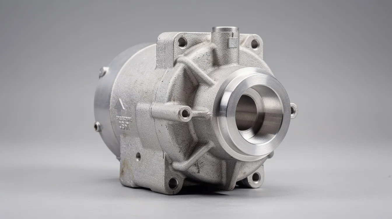 The image depicts a finished aluminum motor housing showcasing both the raw cast surfaces and the precision-machined bearing seats, highlighting the contrast between the die casting process and CNC machining. This part exemplifies the benefits of CNC machining for achieving extremely tight tolerances and high precision in critical components.