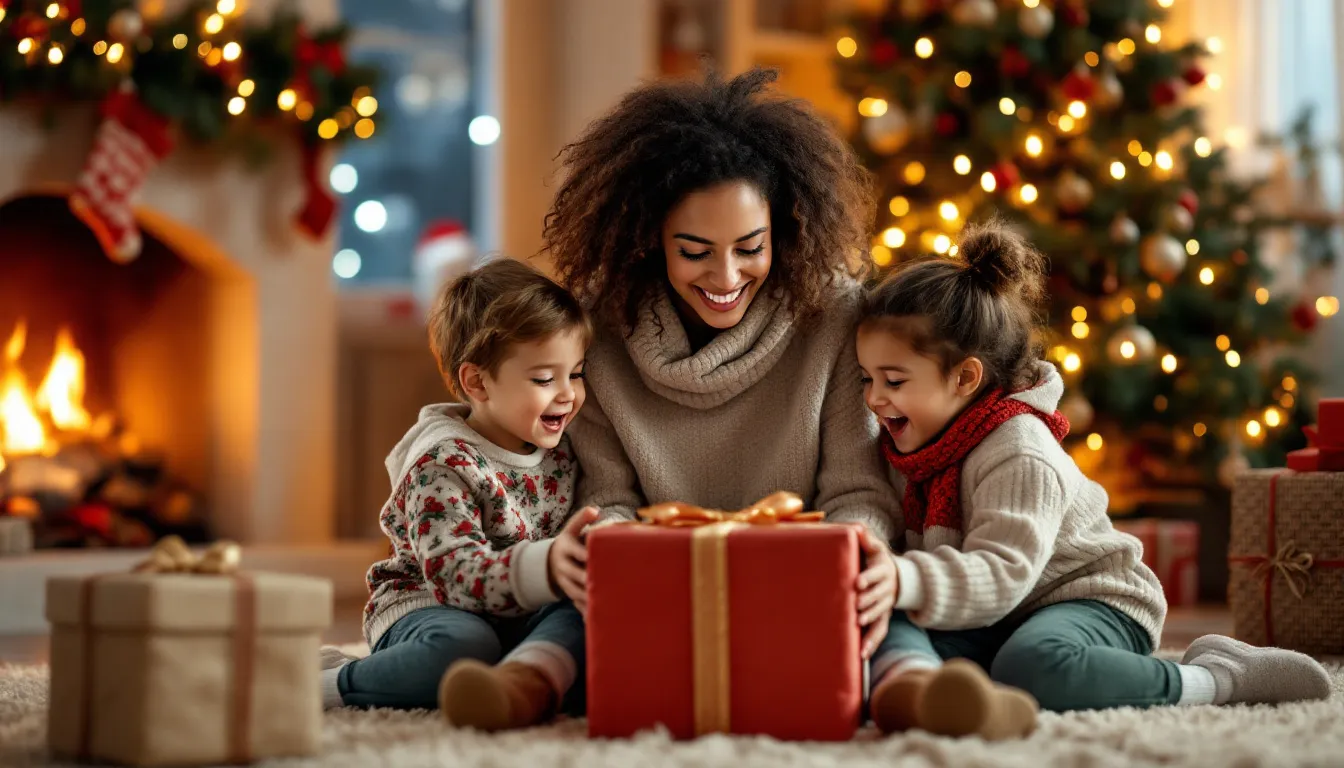 A joyful mom is seated beside her kids as she opens a beautifully wrapped Christmas gift, shower mom with style like a pretty set of earrings, baking items or a fruit basket