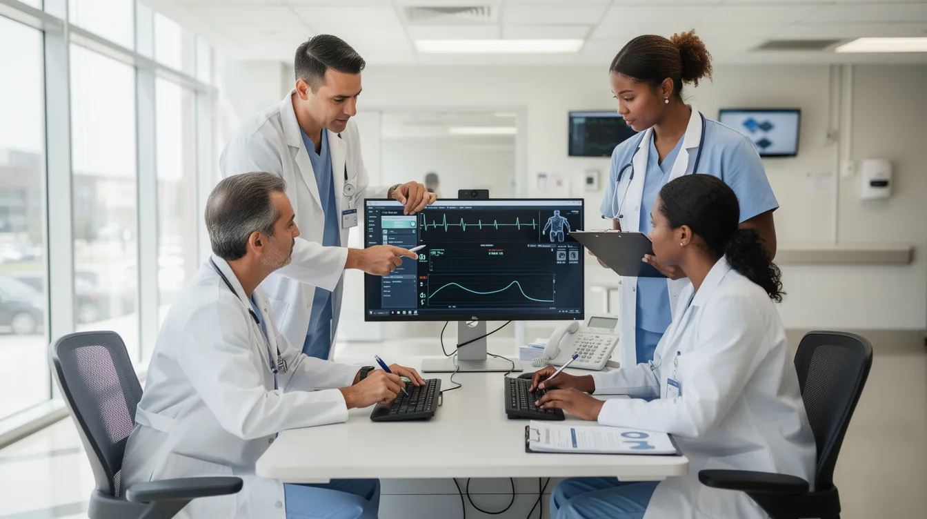 A diverse healthcare team, including physicians and nurses, collaborates around a computer workstation in a bright hospital setting, discussing patient data and the impact of technology on healthcare jobs. This teamwork highlights the importance of human workers in the healthcare industry, even as advancements in artificial intelligence present both opportunities and concerns for the future.