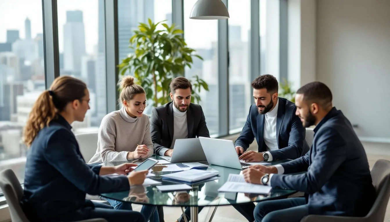 In a modern office environment, a digital marketing team collaborates on strategy, discussing various aspects of digital marketing, including social media management and search engine optimization, to develop tailored strategies for their clients. The team is engaged in a creative brainstorming session, utilizing advanced tools to enhance their digital advertising efforts.