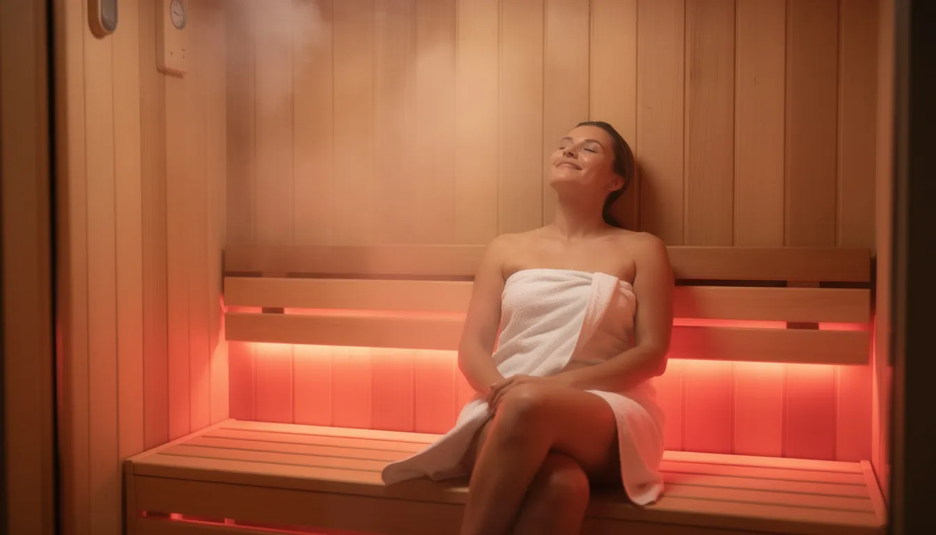 A person is relaxing inside a wooden sauna cabin, surrounded by warm red-tinted LED panels that glow softly on the walls. This infrared sauna setting provides a calming atmosphere, promoting stress relief and potential health benefits through infrared heat therapy.
