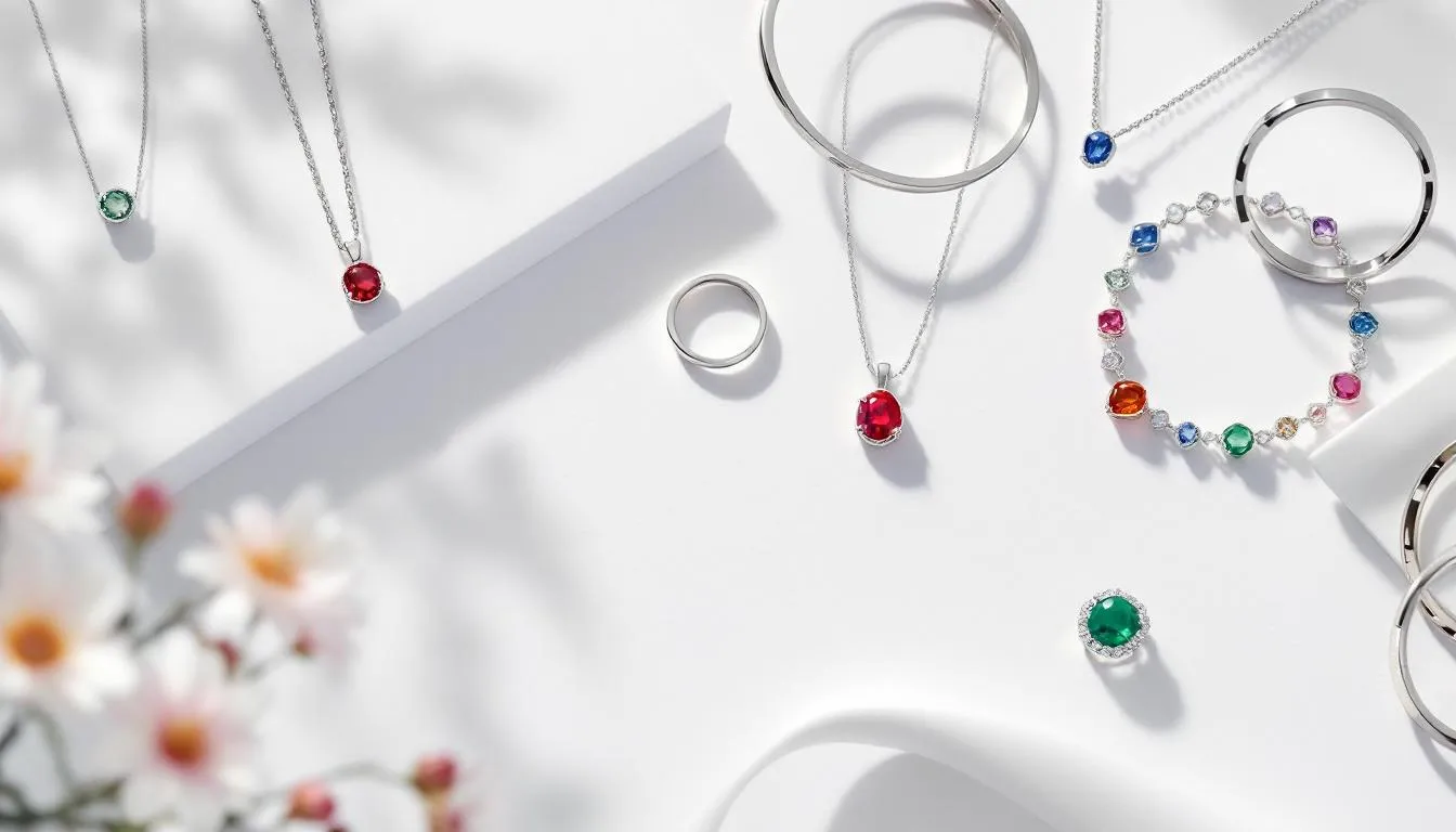 Gemstone accents on silver jewellery, adding a colorful touch.