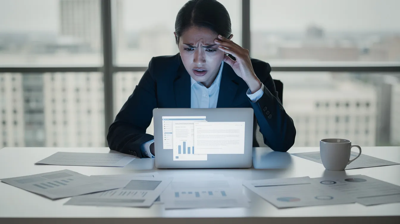 A professional is seated at a desk, appearing stressed as they review various documents on their laptop screen, likely related to academic credentials or degree programs from educational institutions. The atmosphere suggests a high-pressure work environment, possibly involving the evaluation of official credentials or background checks for potential employment.