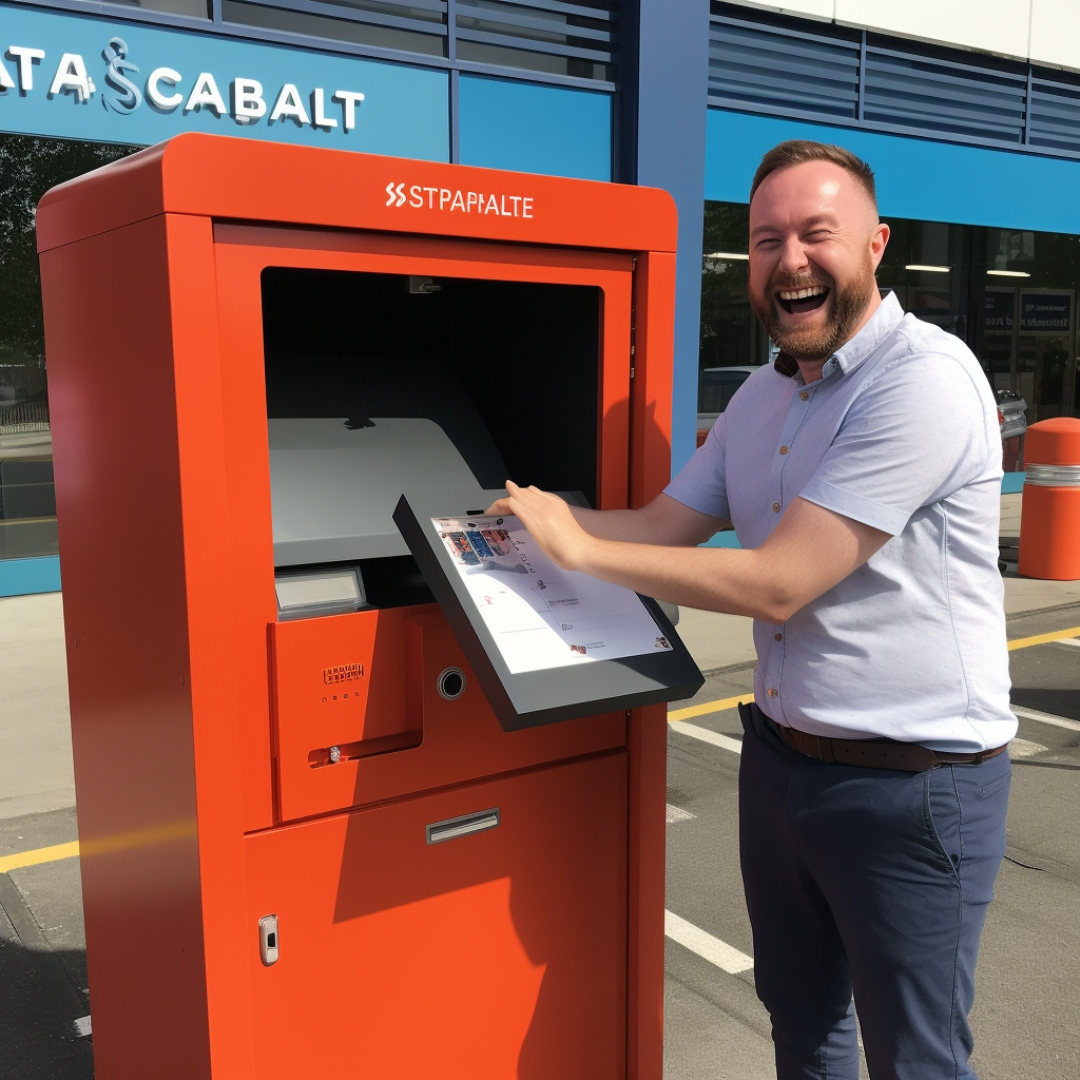 A photo of a self storage kiosk with a happy customer using it.