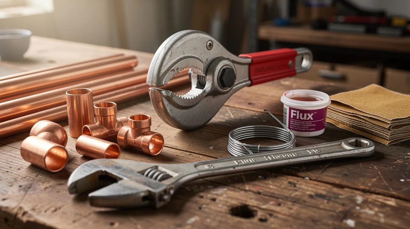 A variety of plumbing tools and materials are neatly arranged on a workbench, including a pipe cutter, copper fittings, flux, solder, emery cloth, and an adjustable wrench, essential for tasks like fixing a burst pipe or repairing damaged sections of a plumbing system. This setup reflects preparation for potential plumbing emergencies, ensuring effective water flow and leak detection.