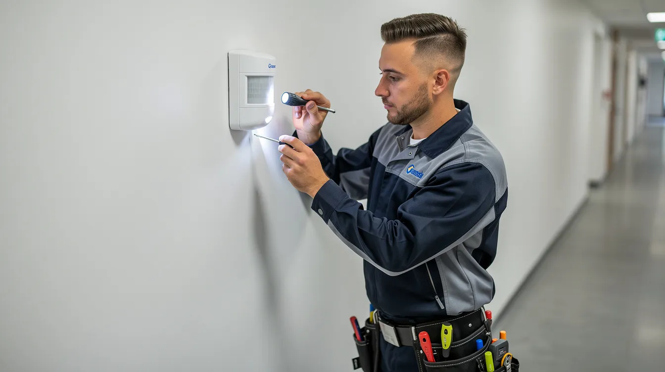 Ein Techniker inspiziert einen Bewegungsmelder an einer Wand, um die Funktionalität und Sicherheit des Sicherheitssystems zu überprüfen. Diese regelmäßige Wartung ist entscheidend für die Zuverlässigkeit der Alarmanlage und den Schutz vor Einbrüchen.