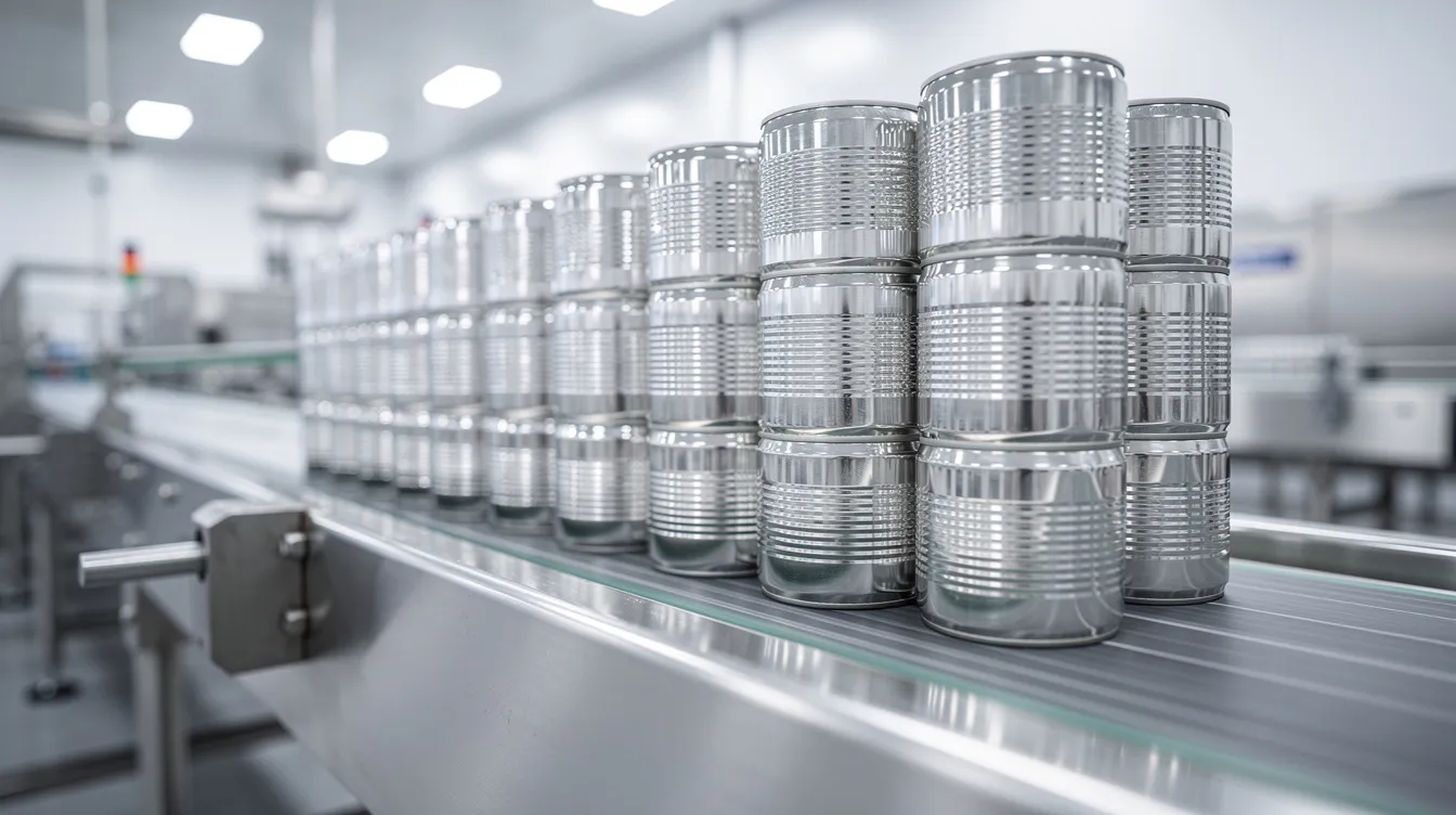d3f23937 e301 4de1 9842 fef0143dbf81 The image shows a conveyor belt in a condensed milk factory, with neatly stacked metal cans of sweetened condensed milk ready for packaging. The cans are part of the production process in the dairy industry, highlighting the efficient manufacturing of high-quality milk products.