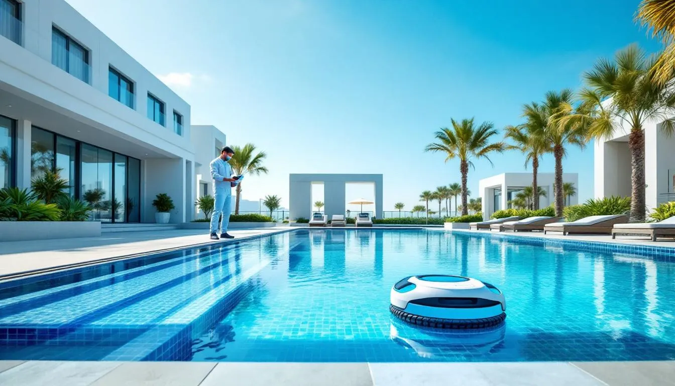 A technician performing comprehensive swimming pool maintenance services.