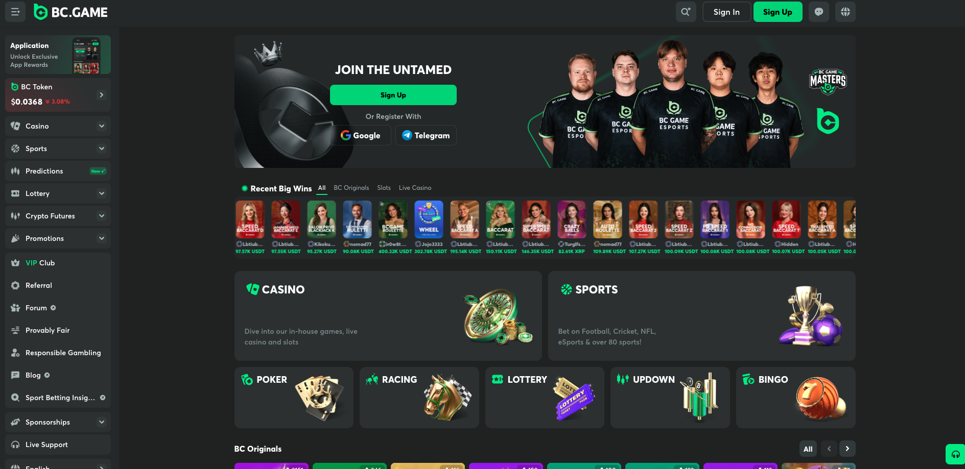 BC.Game crypto betting site featuring esports, sports betting, casino games and cryptocurrency gambling options.