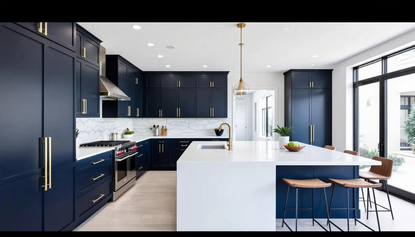 A modern kitchen showcases deep navy blue cabinets with elegant brass hardware, complemented by sleek white countertops, creating a sophisticated and timeless design. The rich shades of blue kitchen cabinets add depth and style to the space, perfect for a luxury coastal home.