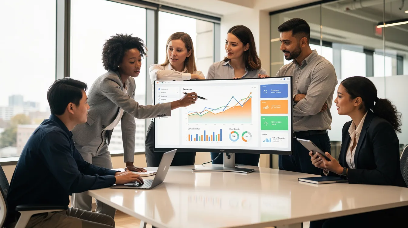 A diverse professional team is collaborating around a large monitor displaying a data analytics dashboard, highlighting their engagement in creating content strategies to improve search engine visibility. The scene captures a dynamic work environment where team members discuss relevant keywords and effective SEO strategies to enhance their website's performance.