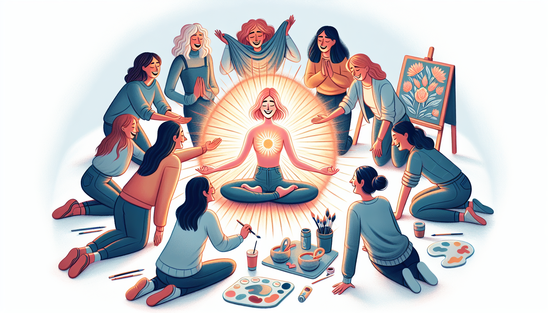 Illustration of a person surrounded by supportive friends and engaging in self-care activities