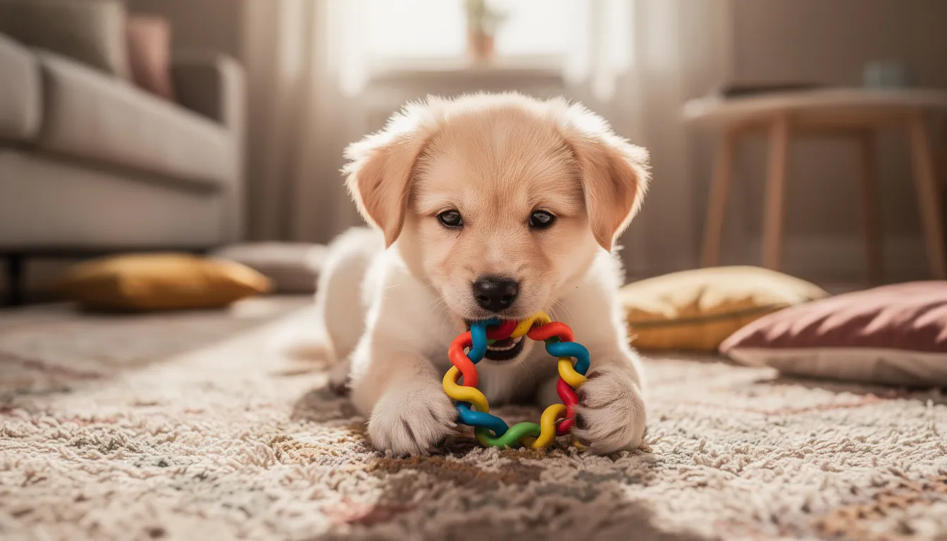 Na dywanie w salonie bawi się szczeniak, który gryzie gumowy gryzak, co jest naturalnym zachowaniem młodych psów. Właściciel powinien pamiętać, że odpowiednie szkolenie psa pomoże oduczyć go gryzienia niepożądanych przedmiotów, takich jak meble czy ręce.