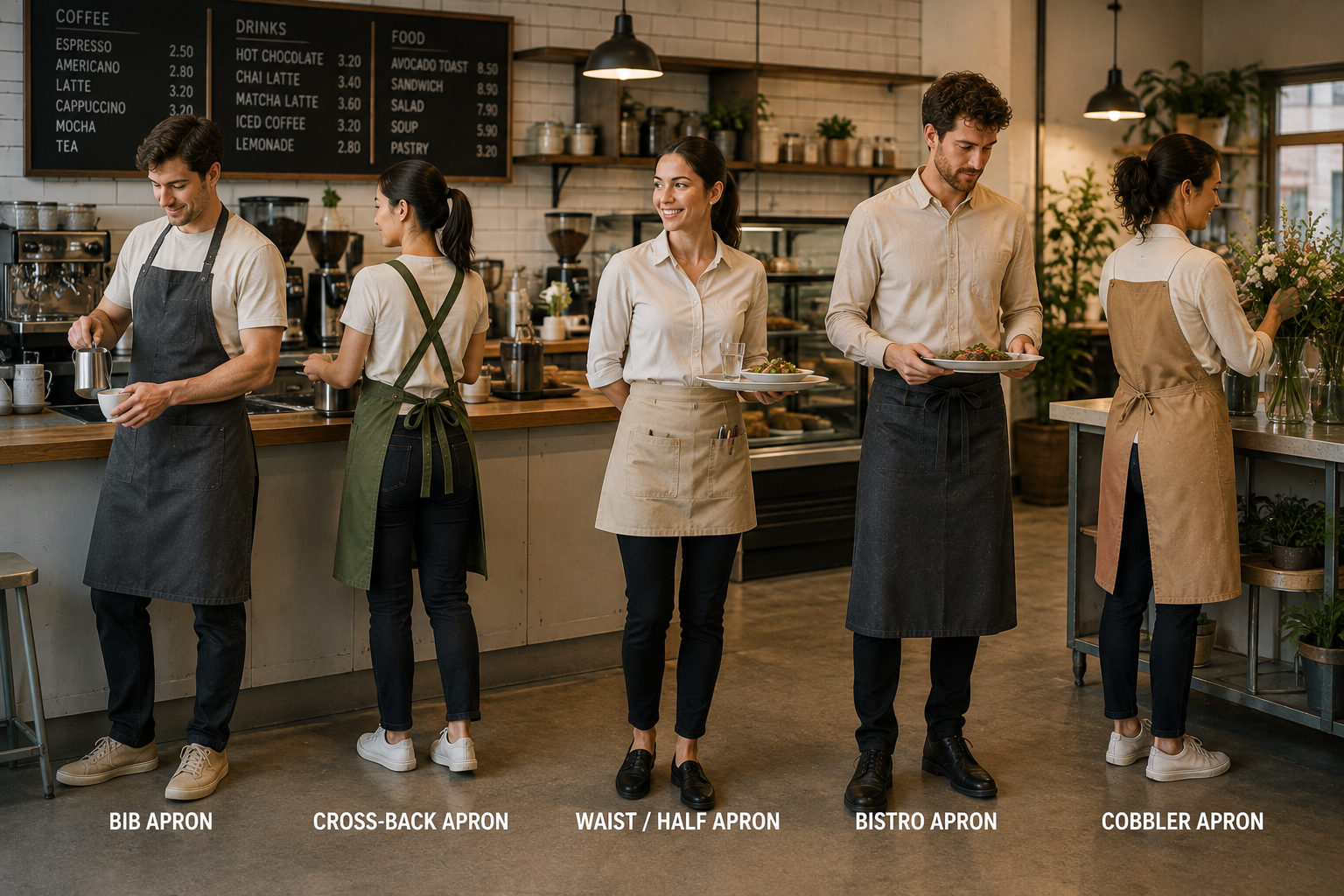 Five common types of aprons including bib, cross-back, waist, bistro, and cobbler aprons worn in a café setting.