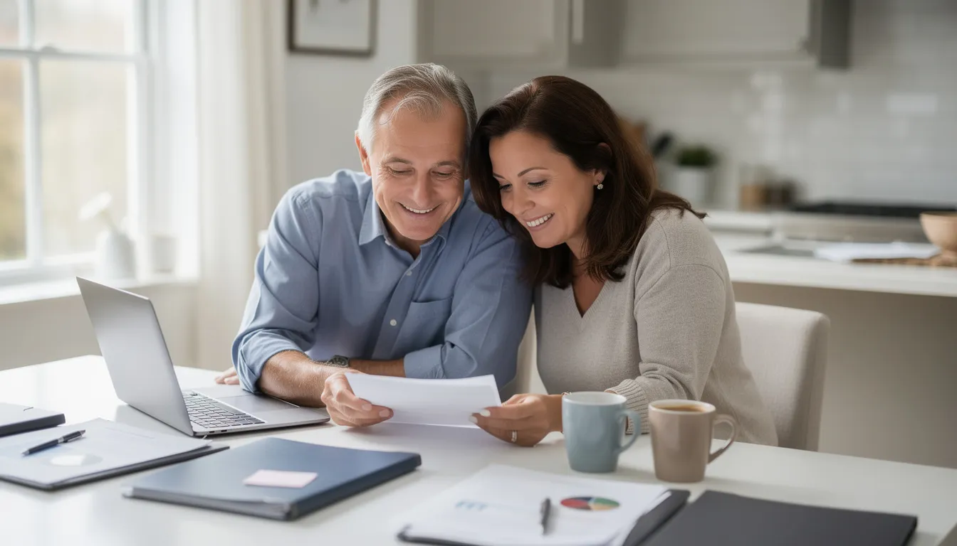 A middle-aged couple sits at a kitchen table, reviewing paperwork together with hopeful expressions as they plan for their retirement. This moment signifies the beginning of an exciting new chapter in their lives, filled with endless opportunities for happiness and new adventures.