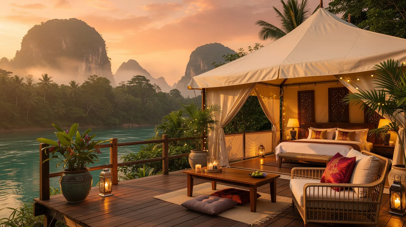 A imagem mostra um acampamento de luxo na Tailândia, com tendas elegantes cercadas por uma vegetação exuberante. Ao fundo, pode-se ver uma vista deslumbrante de templos budistas e montanhas, refletindo a rica cultura e história do sudeste asiático.
