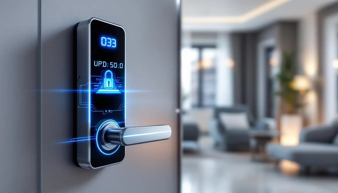 A visual representation of regular software updates being applied to a smart lock system to enhance security.