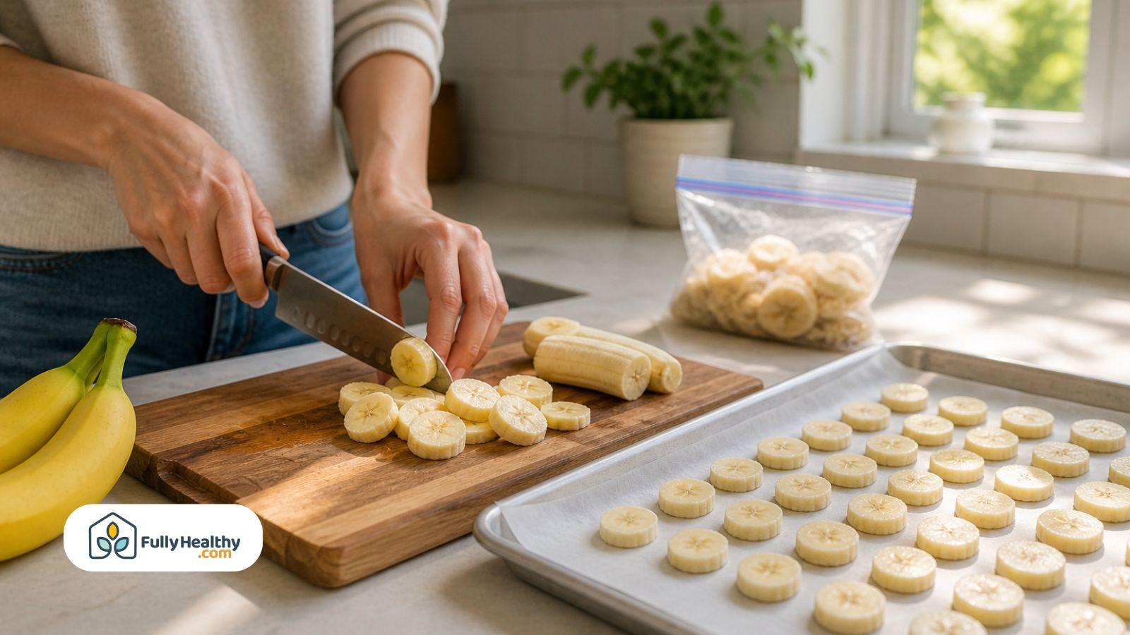 Slicing bananas on wooden board with freezer tray and storage bag