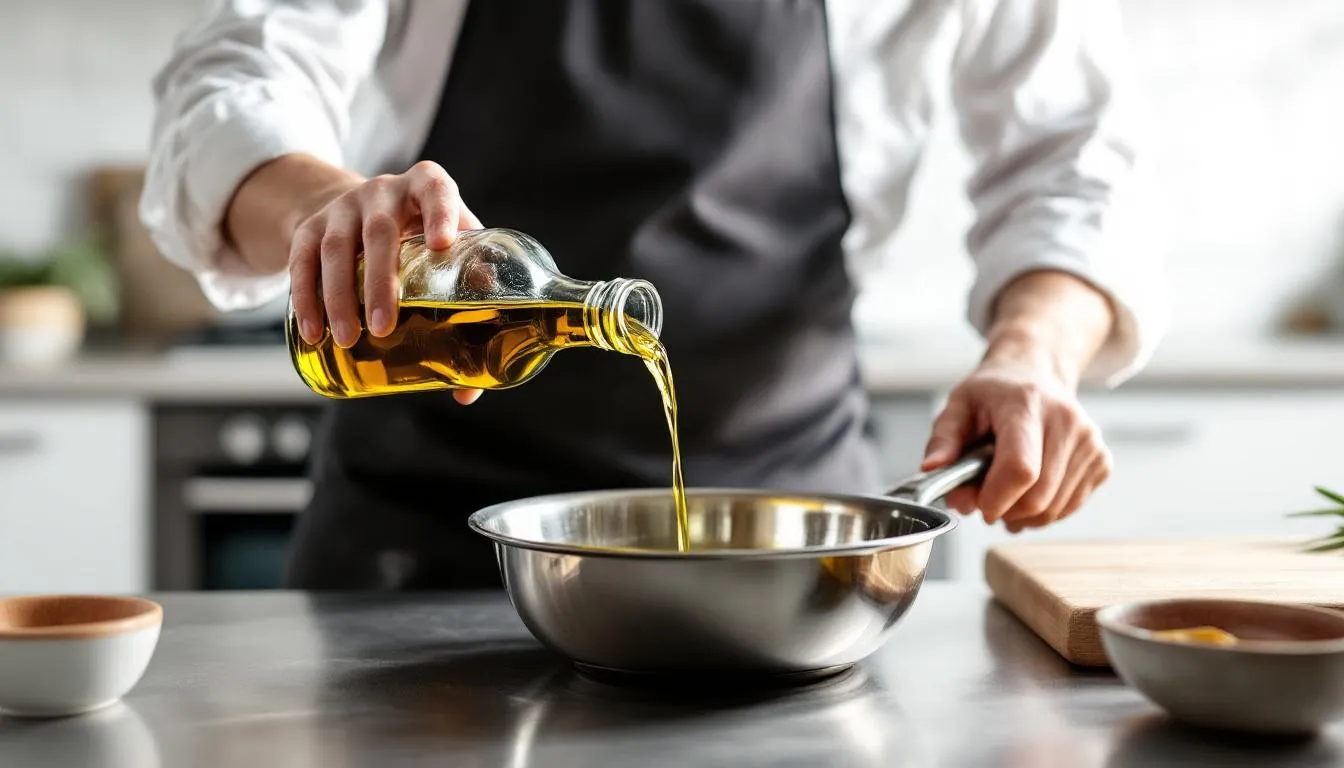 A chef is pouring high-quality extra virgin olive oil from a bottle into a skillet, surrounded by fresh ingredients in a well-equipped kitchen. The focus is on the olive oil's rich golden hue as it glistens in the light, emphasizing its role as a key cooking oil for healthy meals.