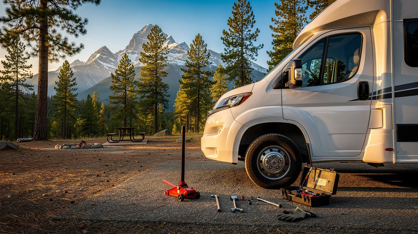 An RV is parked at a scenic campground with majestic mountains in the background, while tools are placed near the front tire, suggesting potential RV repairs. This image highlights the importance of regular maintenance for RV owners to prevent common problems and ensure a smooth journey on the open road.