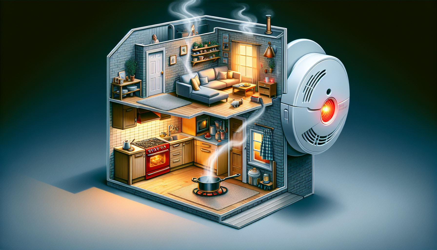 Illustration depicting early detection of fire with smoke detectors