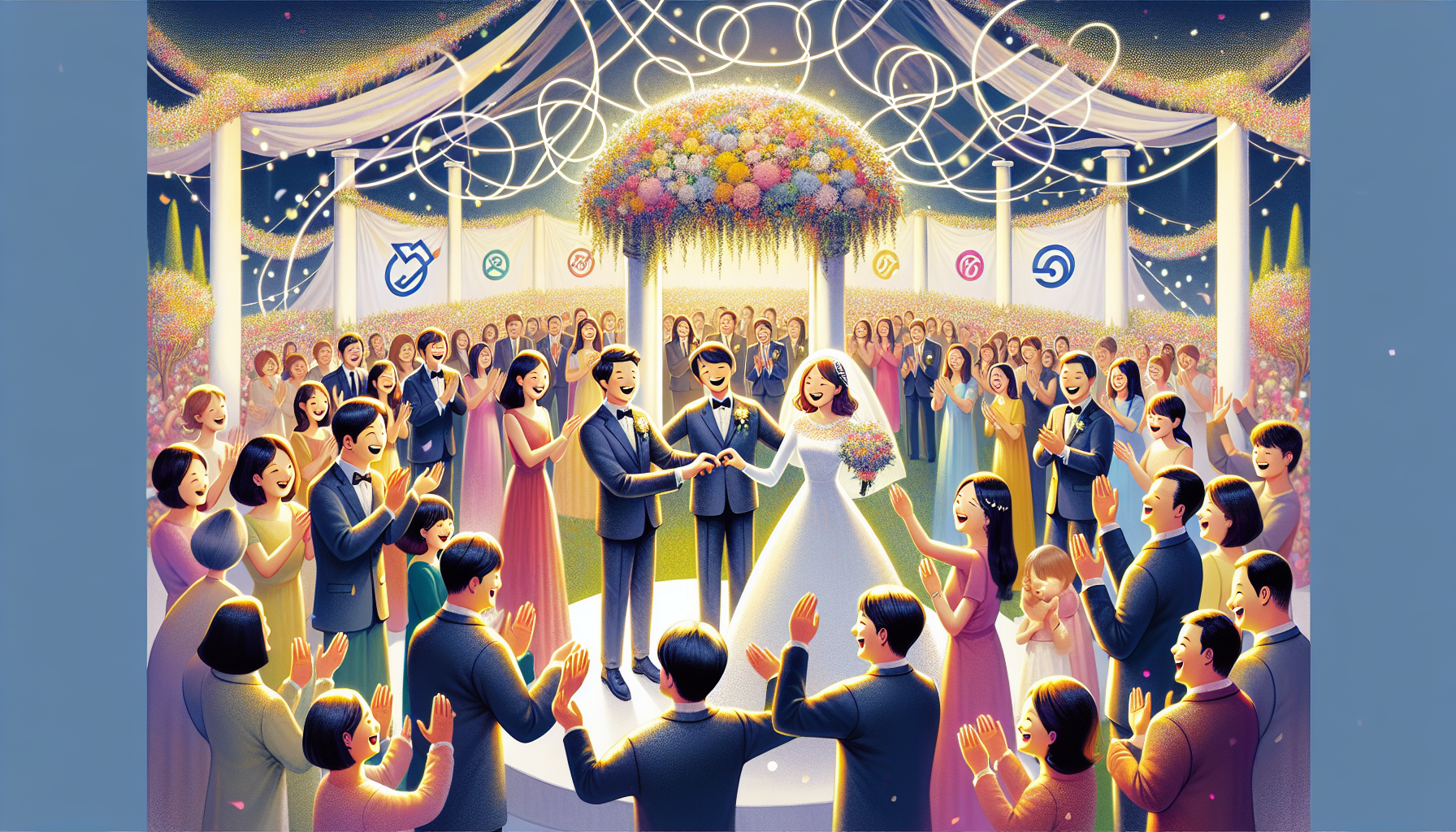 Illustration of a wedding event with various insurance providers like Emerald.