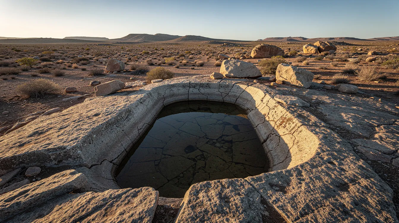 The image depicts a stone ritual bath intricately carved into the rock, set against a barren landscape where sunlight creates long shadows. This scene evokes the ancient practices of the Essene community, known for their emphasis on ritual purity and connection to sacred writings, such as the Dead Sea Scrolls.