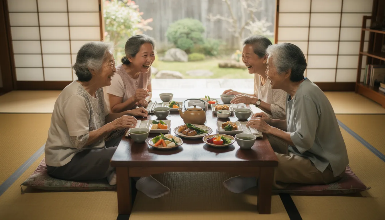 Four older Okinawan women sit together at a traditional low table, joyfully laughing and sharing tea and small dishes, embodying the strong social connections and supportive networks that contribute to the extraordinary longevity seen in blue zones. Their gathering reflects the importance of emotional well-being and healthy behaviors in promoting a long and healthy life.