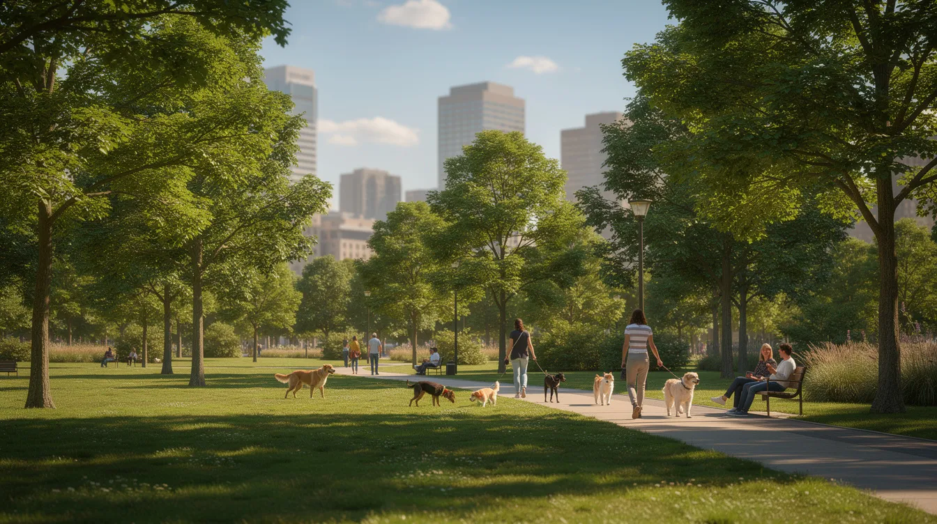 A vibrant urban park features lush green grass and tall trees, with people leisurely walking their dogs along the paths. This inviting space is located near the candy factory lofts listings in the Queen West neighbourhood, making it a perfect spot for residents to enjoy outdoor activities.