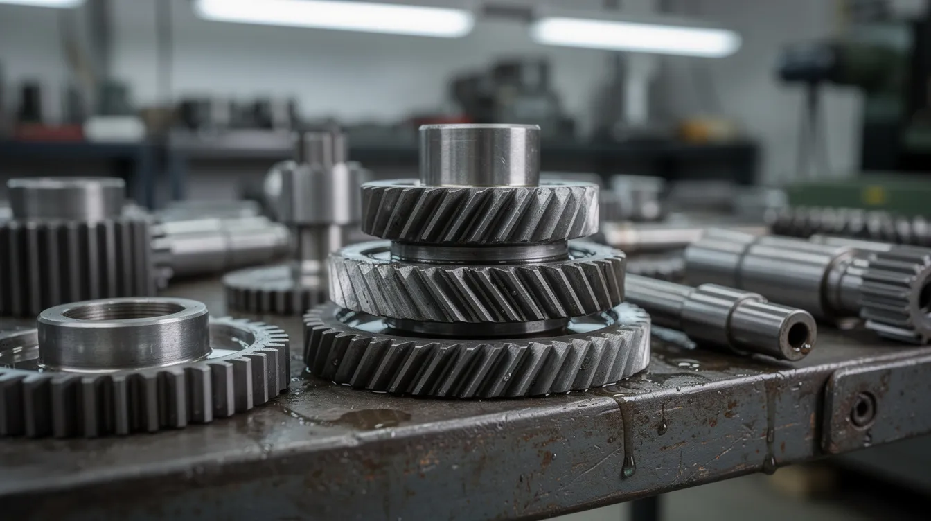 A close-up photograph showcases precision-machined metal gears and shafts neatly arranged on a workbench in an industrial workshop, highlighting the intricate details of these mechanical devices that form the building blocks of complex machines. The image emphasizes the mechanical systems at play, illustrating how these components work together to multiply force and facilitate rotational motion in various engineering applications.