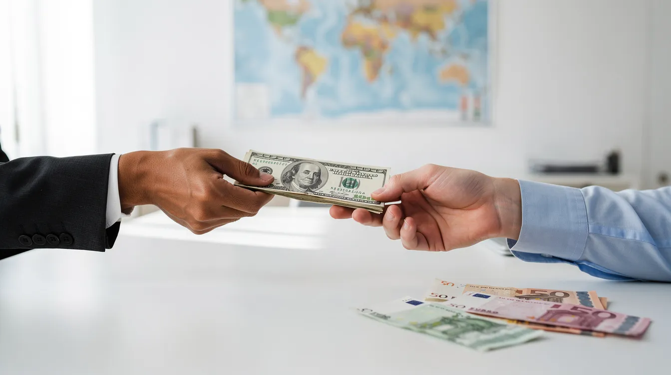 The image depicts two hands exchanging currency notes over a table, symbolizing the process of international money transfer. This exchange illustrates the concept of sending money across borders, which can involve various payment methods, such as traditional bank accounts or digital platforms like Payoneer and Remitly.