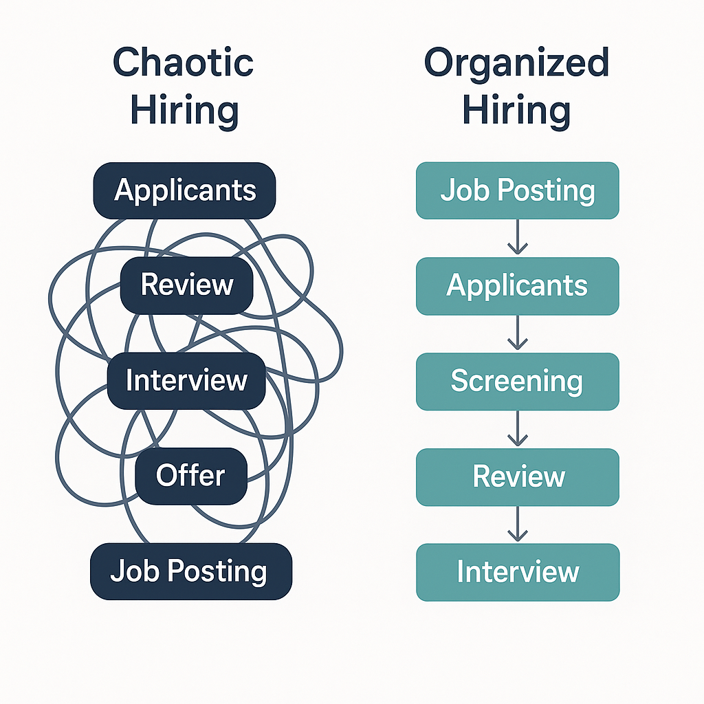 Side-by-side comparison of two hiring workflows. On the left, labeled 'Chaotic Hiring,' dark navy boxes labeled 'Applicants,' 'Review,' 'Interview,' 'Offer,' and 'Job Posting' are connected by a tangled web of overlapping lines, symbolizing disorder. On the right, labeled 'Organized Hiring,' teal boxes show a structured sequence: 'Job Posting' → 'Applicants' → 'Screening' → 'Review' → 'Interview,' all connected by clean vertical arrows.