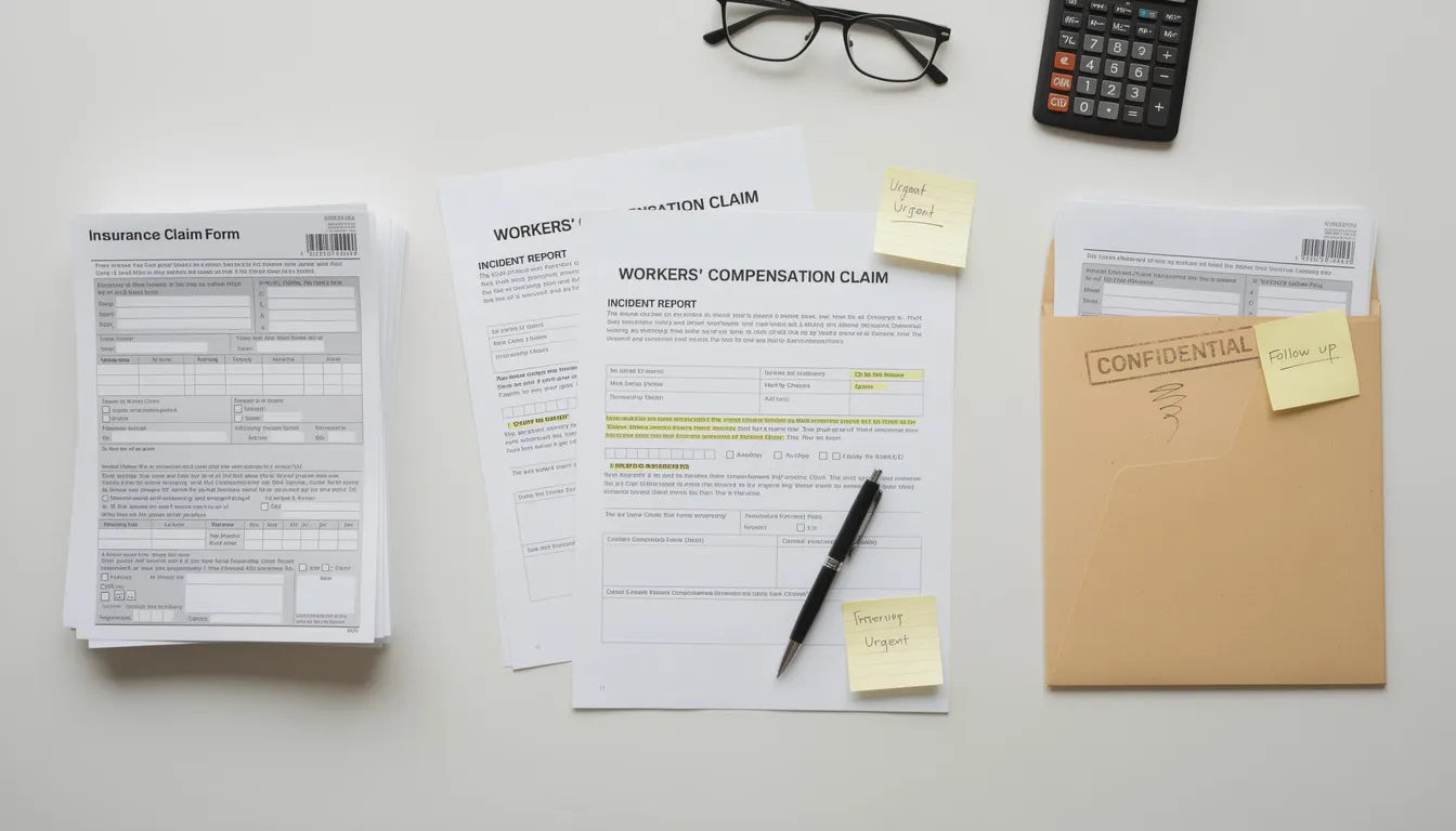 The image features a stack of insurance paperwork and workers compensation claim documents, highlighting the complexities often faced by injured workers in personal injury cases. This paperwork is essential for navigating workers compensation laws and securing benefits for medical expenses and lost wages following workplace injuries or motor vehicle accidents.