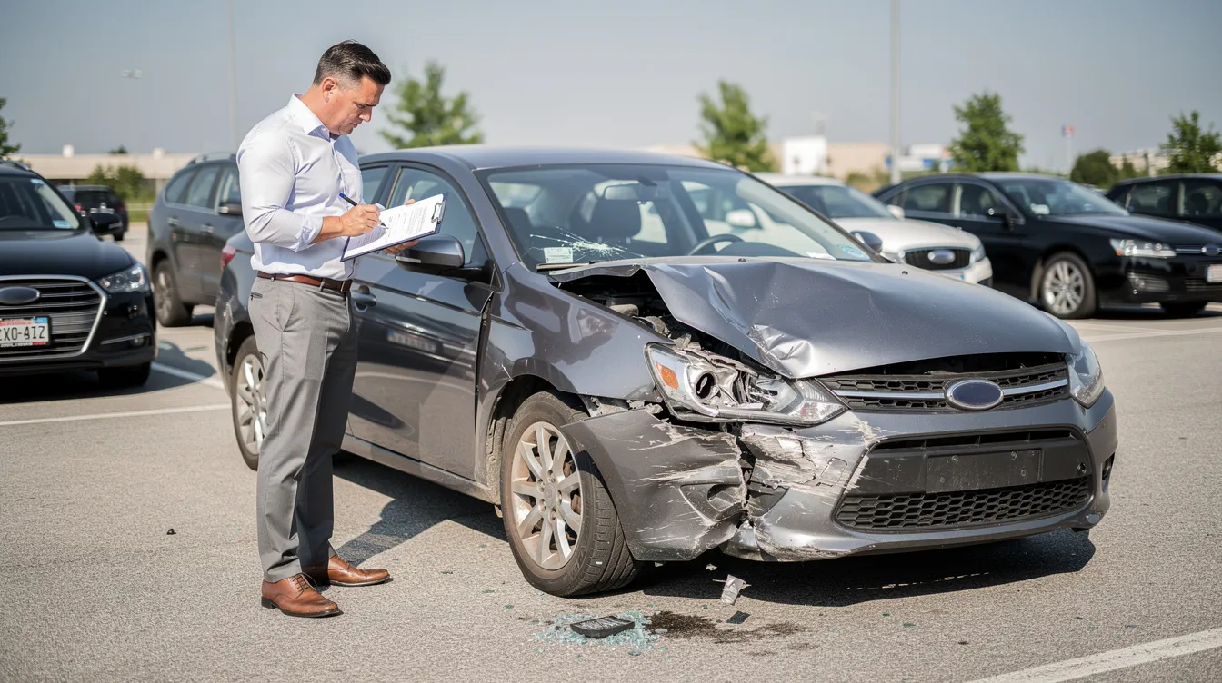 An insurance professional stands in a parking lot, clipboard in hand, inspecting a car with noticeable front-end damage, likely assessing the vehicle for the insurance claims process. This scene illustrates the role of an insurance adjuster in determining repair costs and documenting vehicle damage after an auto accident.