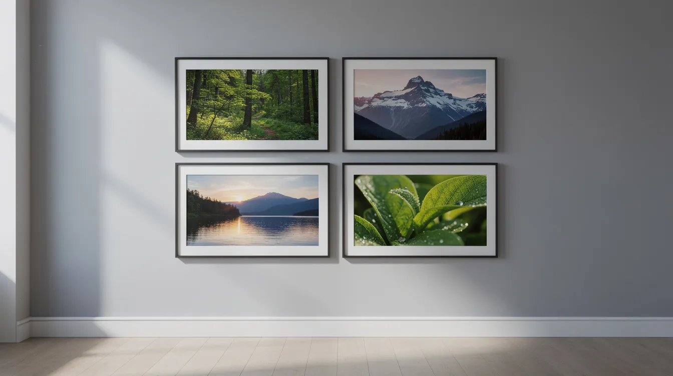 A modern hallway features a gallery-style arrangement of four framed nature photographs on a light grey wall, showcasing stunning imagery with rich colors and incredible detail, perfect for wall decor. These high-quality photo prints create a captivating display that beautifully preserves memories and adds a touch of art to the space.