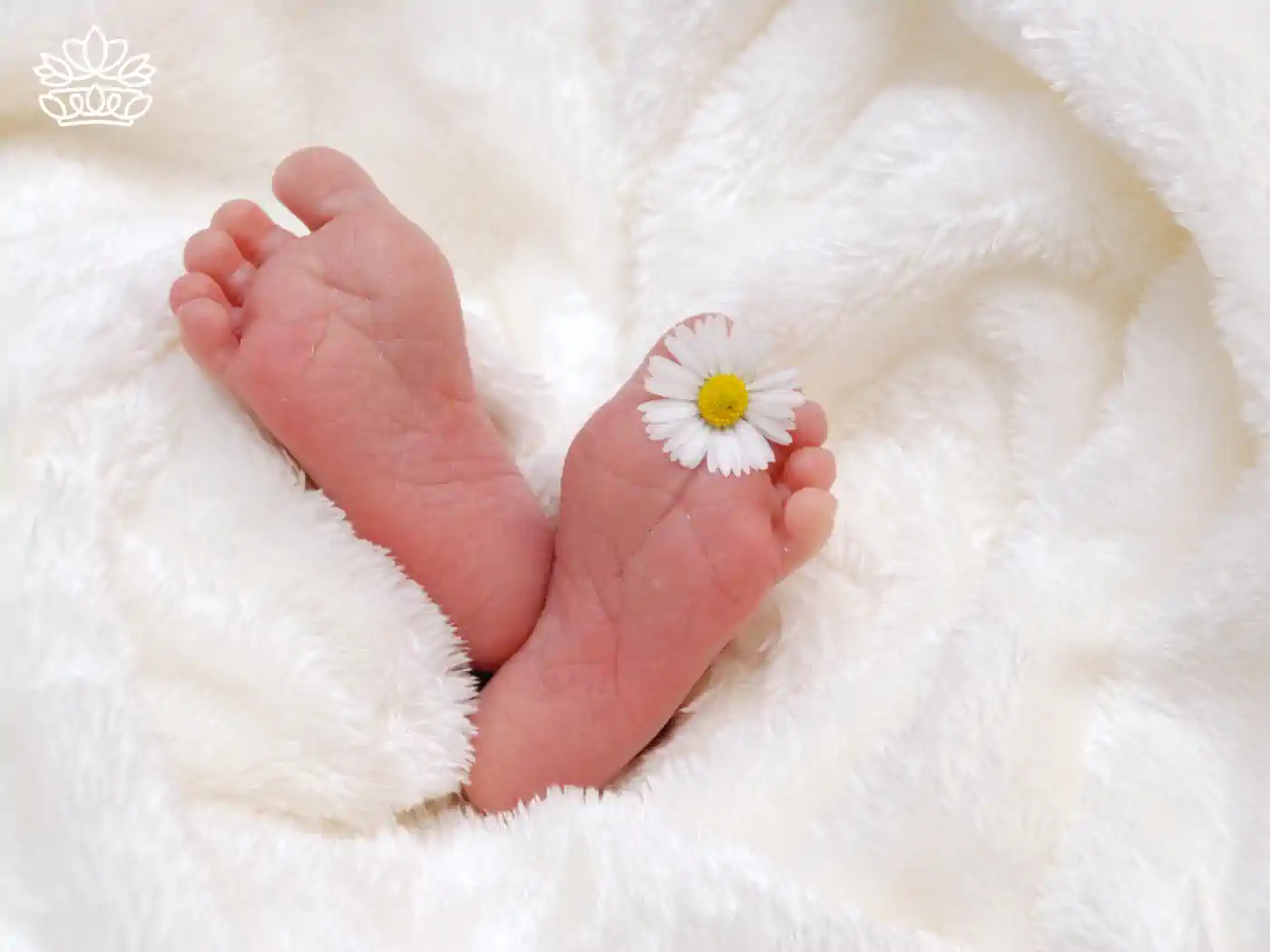 Close-up of newborn baby feet with a daisy flower between the toes, Fabulous Flowers and Gifts, Newborn Baby Gift Boxes