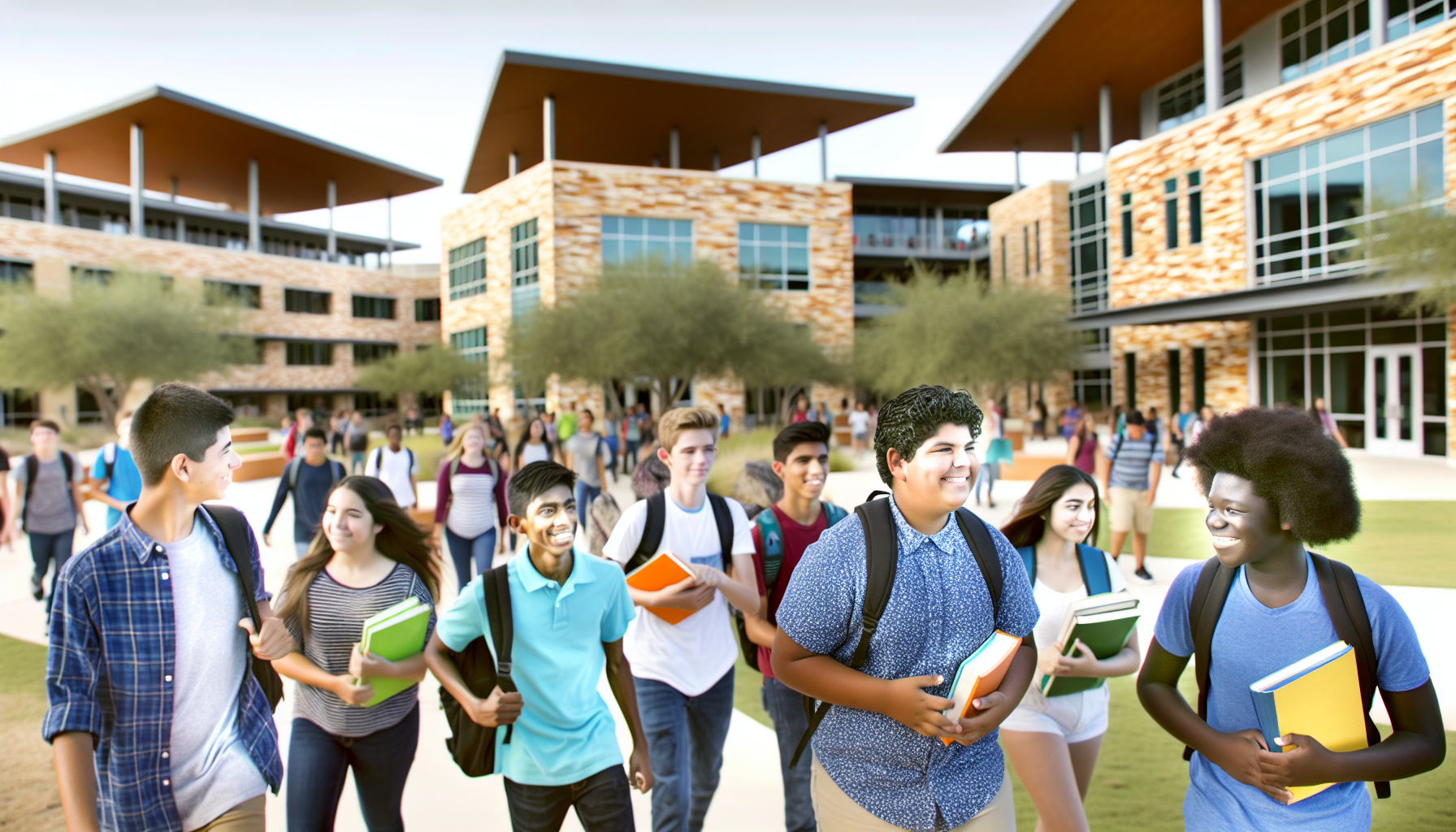Lake Travis ISD campus with students walking between buildings