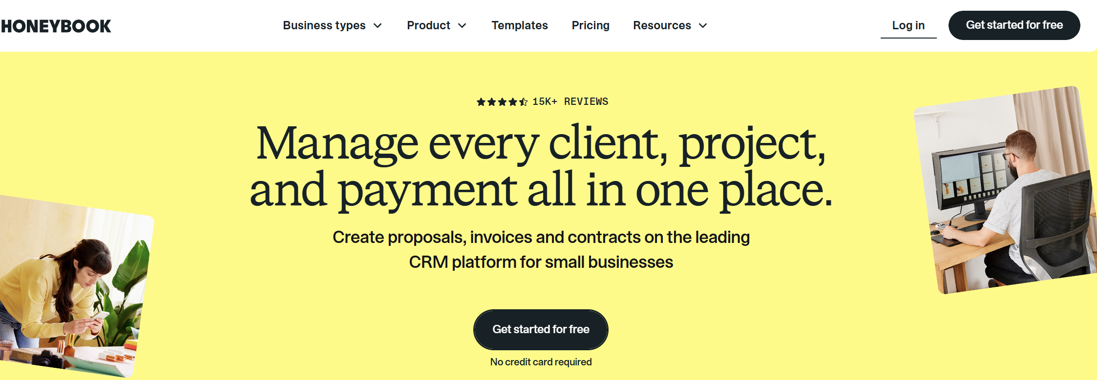 HoneyBook homepage promoting a CRM platform for small businesses to manage clients, projects, payments, proposals, invoices, and contracts in one place.