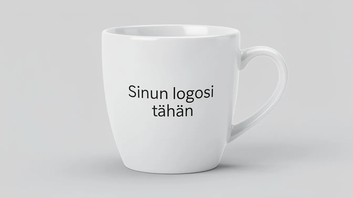 Kuvassa on valkoinen keraaminen muki, johon on painettu teksti "Sinun logosi t&auml;h&auml;n". T&auml;m&auml; muki omalla logolla on loistava vaihtoehto yrityksille tai urheilujoukkueille, jotka haluavat r&auml;&auml;t&auml;l&ouml;id&auml; mukinsa omalla painatuksella.